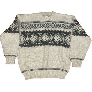 Prides Landing Vintage Mens XL Grey Black Fair Isle Cotton Knit Tribal Sweater